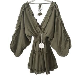 Storia Anthropologie Olive Green Ruffle Plunging Neck Tiered Mini Dress Sz Small